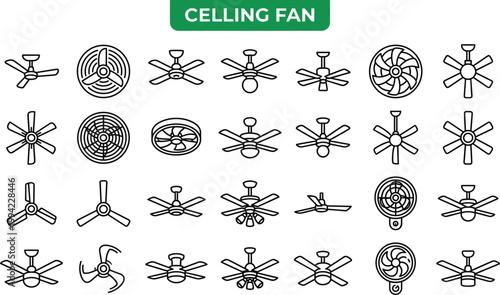 Ceiling fan icons set with ventilation cooling appliances airflow designs and home electrical equipment minimal outline vector
