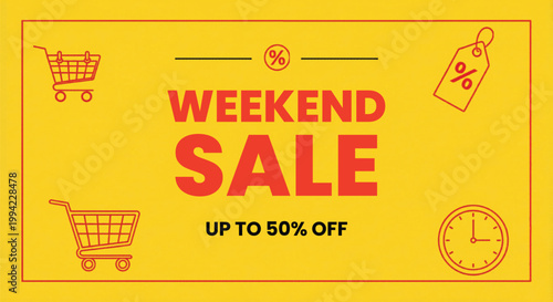 Weekend sale banner with 50 percent off discount text, yellow retail promotion background, shopping cart and price tag icons, commercial marketing vector