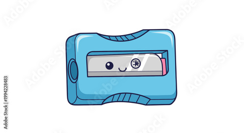 Cute cartoon pencil sharpener with happy face, isolated on white background.