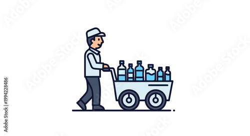 Delivery Man Pushing Cart Full of Water Bottles