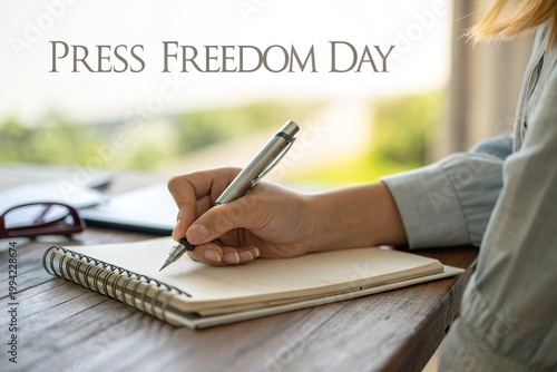 Press freedom day concept with person writing notes in notebook.