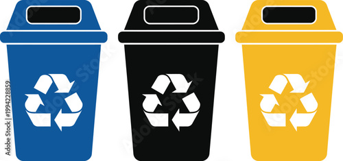 Recycle bin icon set, vector illustration of eco friendly waste sorting bins in multiple colors for recycling management and environmental design.