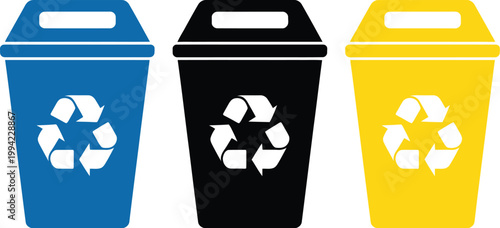 Recycle bin icon set, modern vector icons featuring colorful recycling bins for waste sorting eco friendly management and sustainability concept.