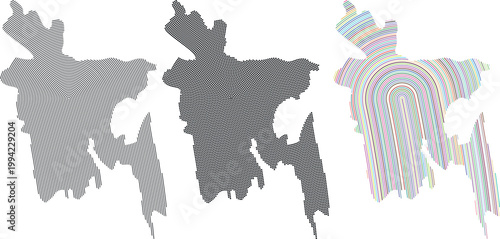 Bangladesh country vector map with digital fingerprint line and dotted shape pattern in different style, size and color.