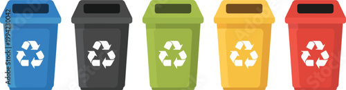 Recycle bin icon set, vector illustration of colorful recycle bins for waste sorting eco friendly management and sustainability concept design.