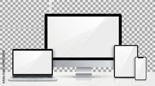 Realistic device mockup set, computer monitor laptop tablet and smartphone with blank white screens, electronic gadgets layout template, responsive web design presentation on transparent background