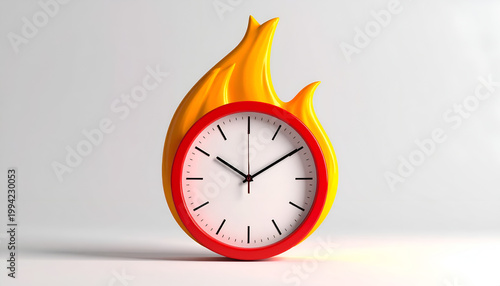 A vibrant red clock is dramatically engulfed in bright yellow flames, symbolizing the fleeting nature of time.