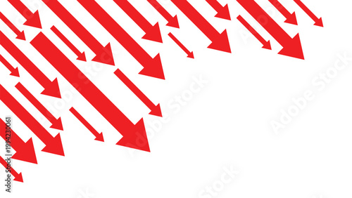 Multiple Red Business Arrows Falling Down Diagonally Representing Downfall, Loss, and Economic Decline