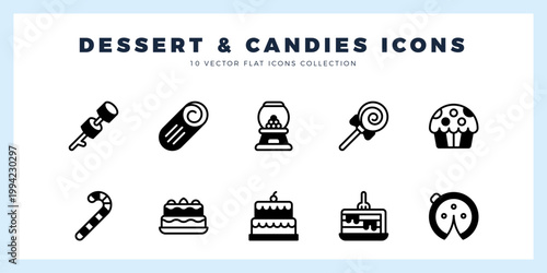 10 Desserts and Candies Lineal Fill icons pack. vector illustration.
