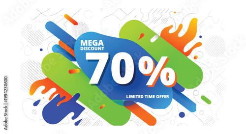 Mega discount 70 percent off sale banner, colorful abstract liquid shapes and splashes, limited time offer promotional vector background