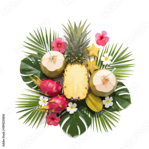 Tropical fruit composition with pineapple coconut dragon fruit and flowers.