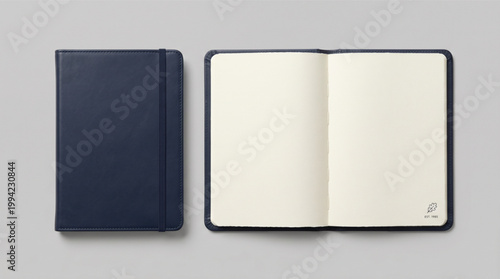Premium dark blue leather notebook mockup set, closed journal with elastic band, open diary with blank cream pages, professional stationery, elegant office supplies, luxury minimalist paper book