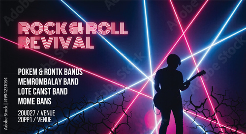 Rock and Roll Revival music poster, guitarist silhouette with neon laser lights, concert event flyer template with blue and pink light beams