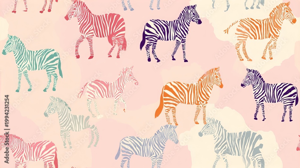Fototapeta premium Flat zebra seamless repeat pattern, cute nursery decorative design with soft pastel colors on white background for textile and surface print