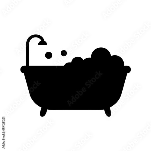 Black silhouette of a bathtub filled with bubbles and a shower head