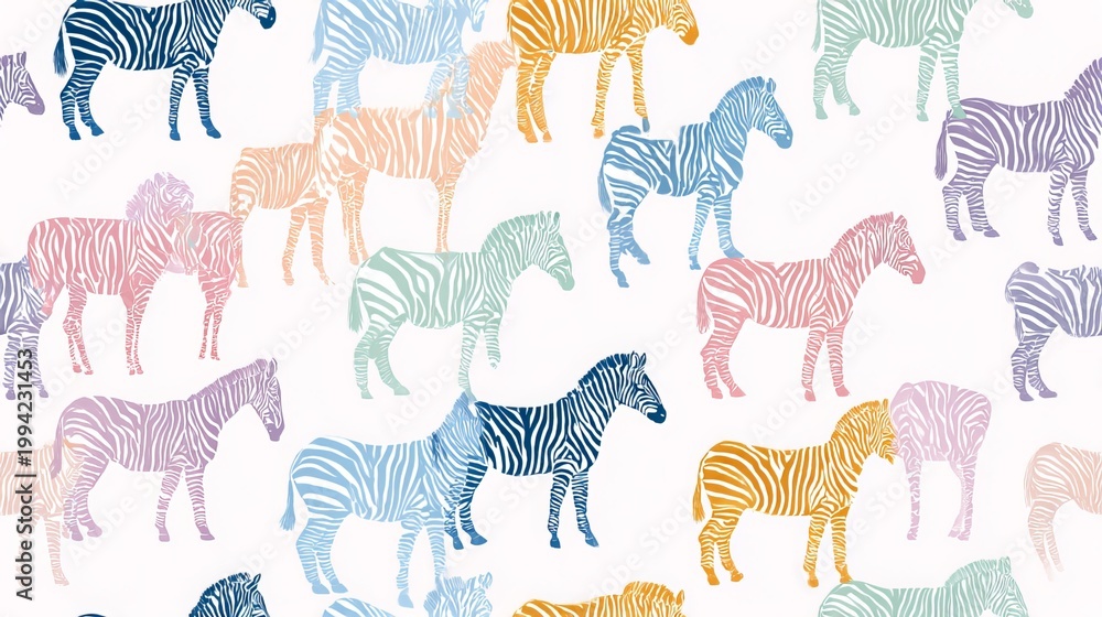 Fototapeta premium Flat zebra seamless repeat pattern, cute nursery decorative design with soft pastel colors on white background for textile and surface print