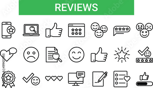 Customer review and feedback line icon set with ratings, testimonials, satisfaction, approval symbols and user experience elements