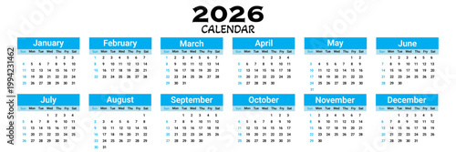 calendar for 2026.  a full-year calendar template for printable planner and desk scheduler. 2026 vector calendar template.