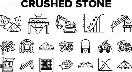 Crushed stone production icons set with quarry equipment mining process gravel materials and aggregate industry vector
