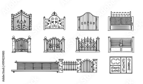Metal gate fence outline icon set forged design vector