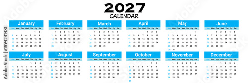 calendar for 2027.  a full-year calendar template for printable planner and desk scheduler. 2027 vector calendar template.