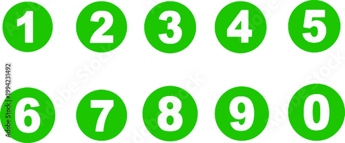 A vector graphic illustration of green number buttons on a transparent background