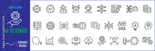 artificial intelligence line icon set. editable stroke for artificial intelligence line icon  containing brain, technology, robotic, automation, machine.