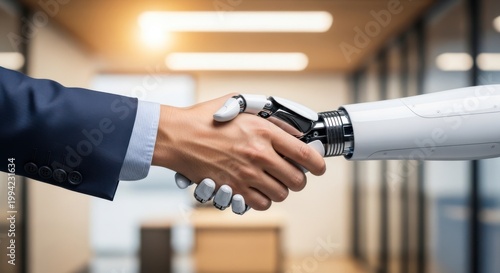 A human and robot arm shaking hands in a modern office setting