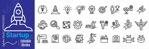 Startup line icon set. editable stroke for startup line icon  containing rocket, idea, strategy, goal, target etc.