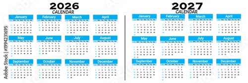 calendar for 2026 and 2027.  2026 and 2027  full-year calendar template for printable planner and desk scheduler.