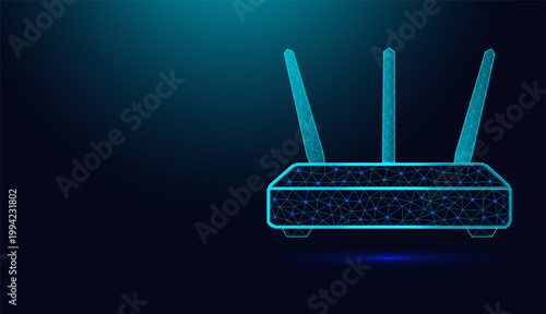 Low poly wireframe Wi-Fi router on dark blue background.