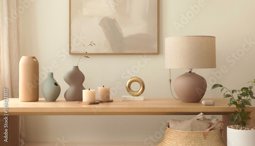 A serene room with a wooden table featuring a lamp, vases, and candles on a shelf under a framed picture.