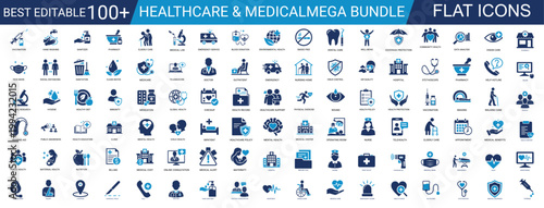 medical and healthcare solid icon set. hospital, doctor, pharmacy, treatment, emergency, checkup, clinic, wellness, patient, medicine, care. editable vector illustration mega pack.