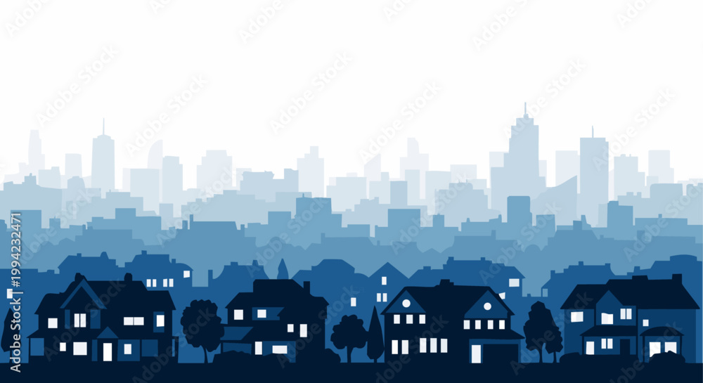 Fototapeta premium City skyline with suburban houses in blue silhouette