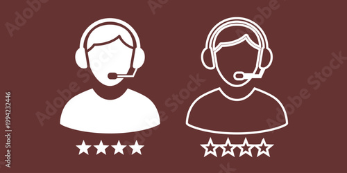 Two customer service representatives with ratings on a maroon background