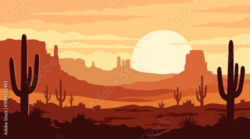Desert landscape with cacti and sunset high-quality