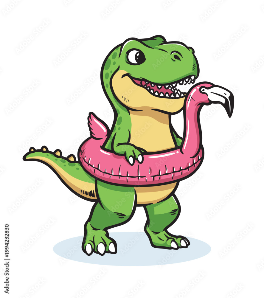 Fototapeta premium Dino wearing a floating flamingo