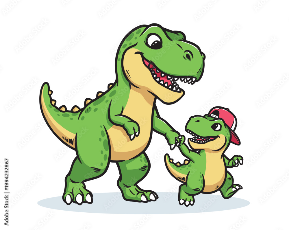 Fototapeta premium Dino and his son are walking hand in hand