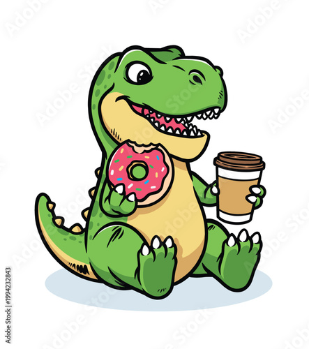Dino is drinking coffee and eating donuts