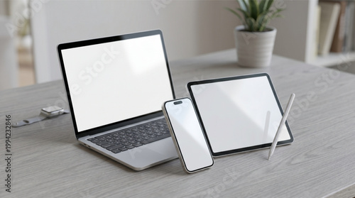 Responsive website mockup set featuring laptop, tablet with stylus pen, smartphone and smartwatch on wooden desk, digital device templates with blank white screens for app and web design showcase