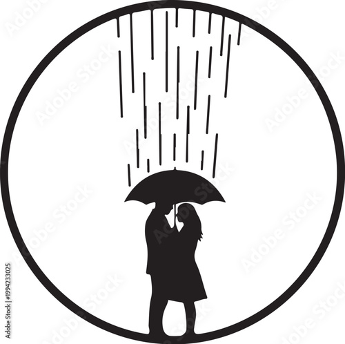 Romantic couple under umbrella, rain silhouette, love icon, black vector graphic
