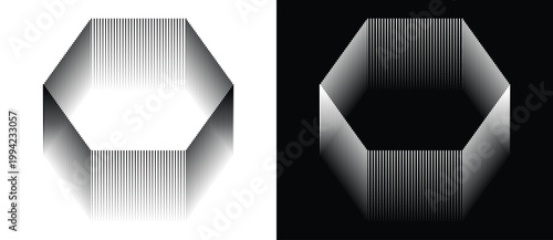 Hexagonal frame built from vertical halftone gradient lines creating volumetric 3D depth illusion on white and black backgrounds. Monochrome vector illustration for optical art and technology design.