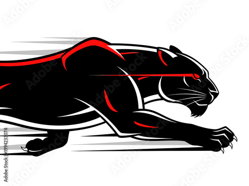 Fotografie A black panther runs swiftly across a blurred background with red eyes