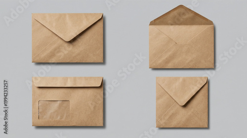 Kraft paper envelope mockup set, brown recycled paper stationery collection, window envelope, square and rectangular mail templates, letter cover layout, eco friendly packaging isolated on grey