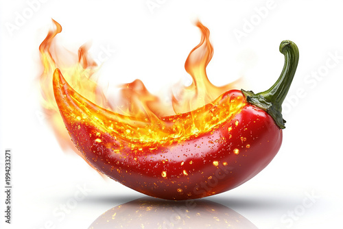 Burning red chili pepper with fire flames on white background hot spicy food concept