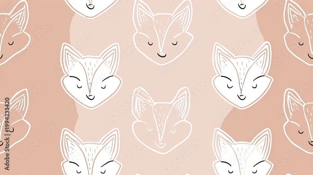 Fototapeta premium Minimal line art fox faces seamless pattern, cute nursery style decorative repeat design with soft pastel colors on white background for textile and surface print