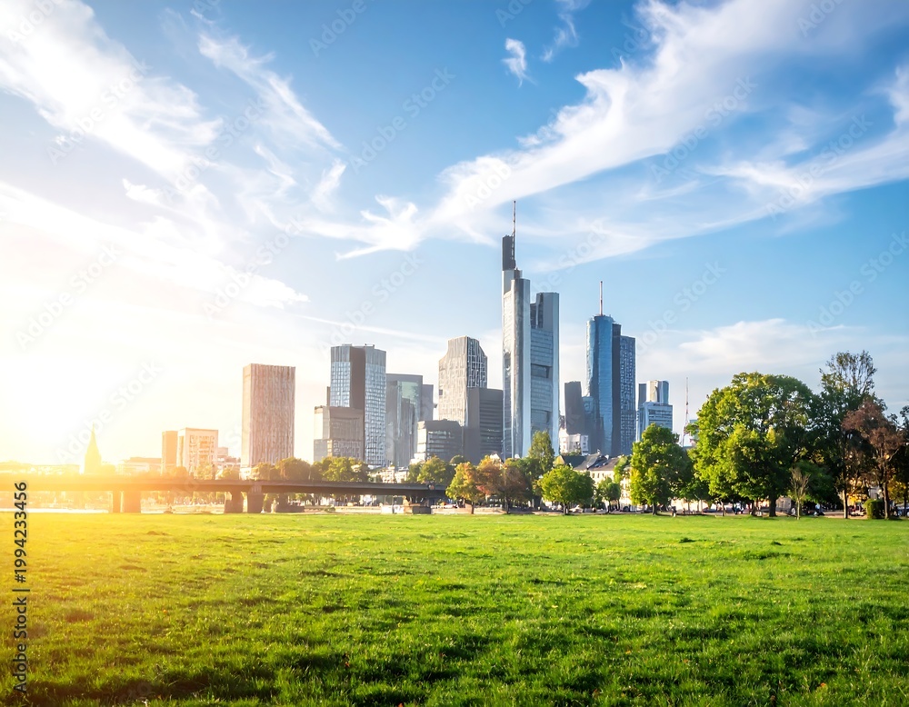 Fototapeta premium Frankfurt city skyline with green field and bright sky at sunset or sunrise.