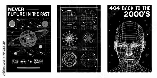 Futuristic digital art triptych with space wireframes and text overlays