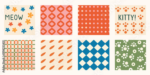 Eight patterned cards featuring cats flowers and geometric shapes