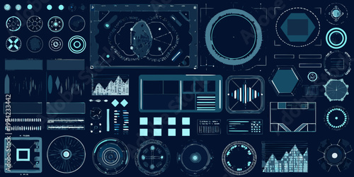 Futuristic user interface elements with complex data visualizations and geometric shapes